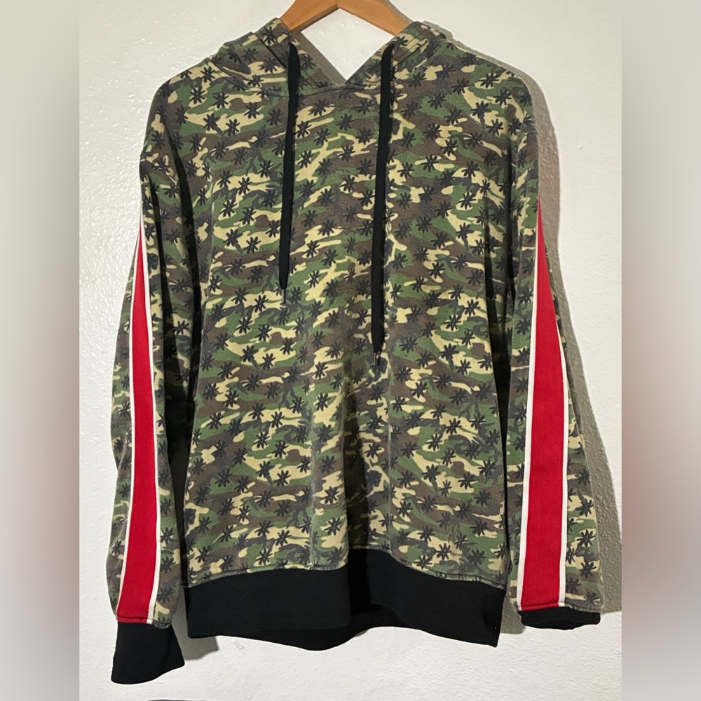 Rebel Star Camouflage Long Sleeve Pullover Hoodie with Red Accents